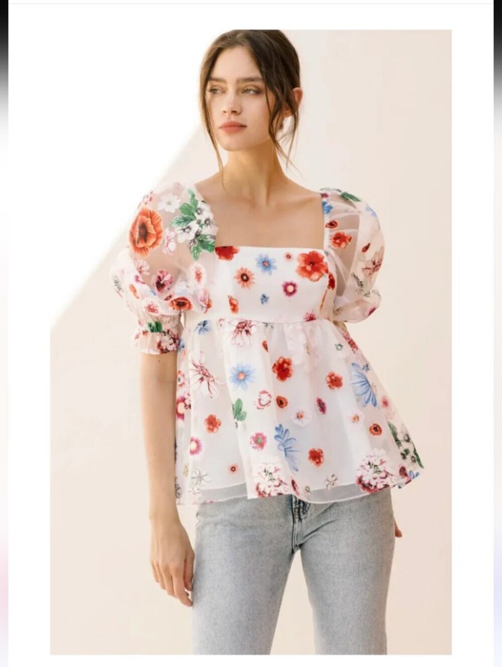 Storia White Sheer Floral Puff-Sleeve Square Neck Blouse